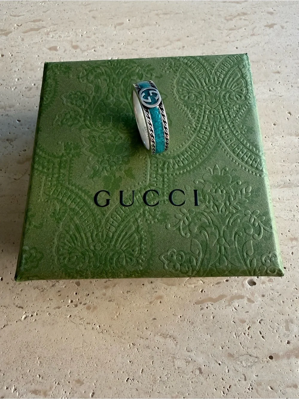 NWT GUCCI INTERLOCKING G RING STERLING SILVER TURQUOISE ENAMEL DESIGNER SIZE: 21